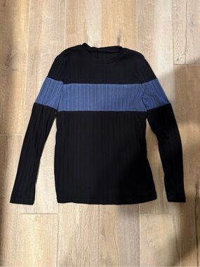 Black Crew Neck Sweater with Blue Chest Stripe
